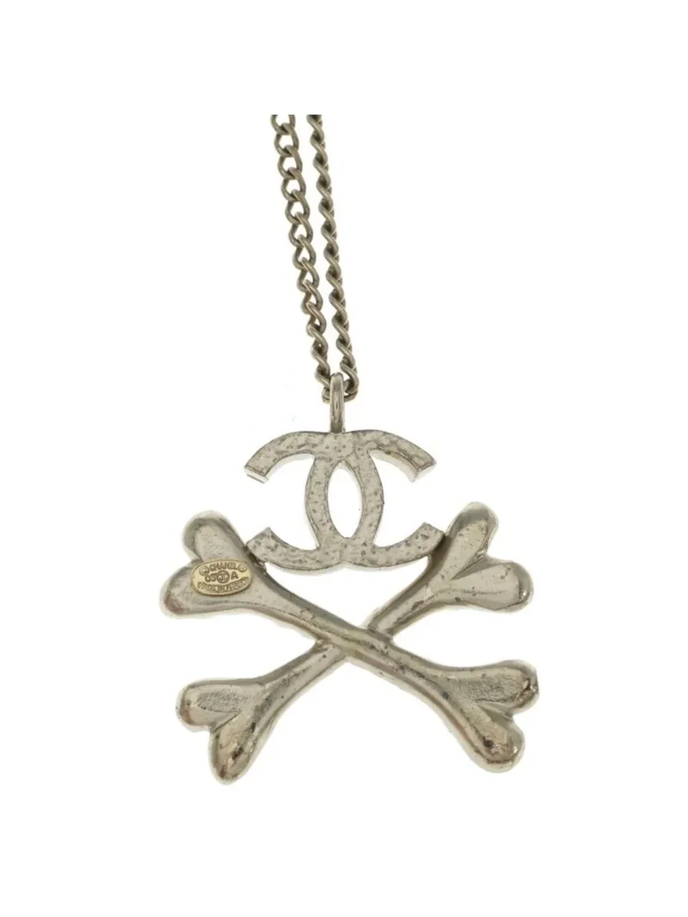 Chanel CC Logo Rhinestone Crossbone Pendant Chain Gold Necklace